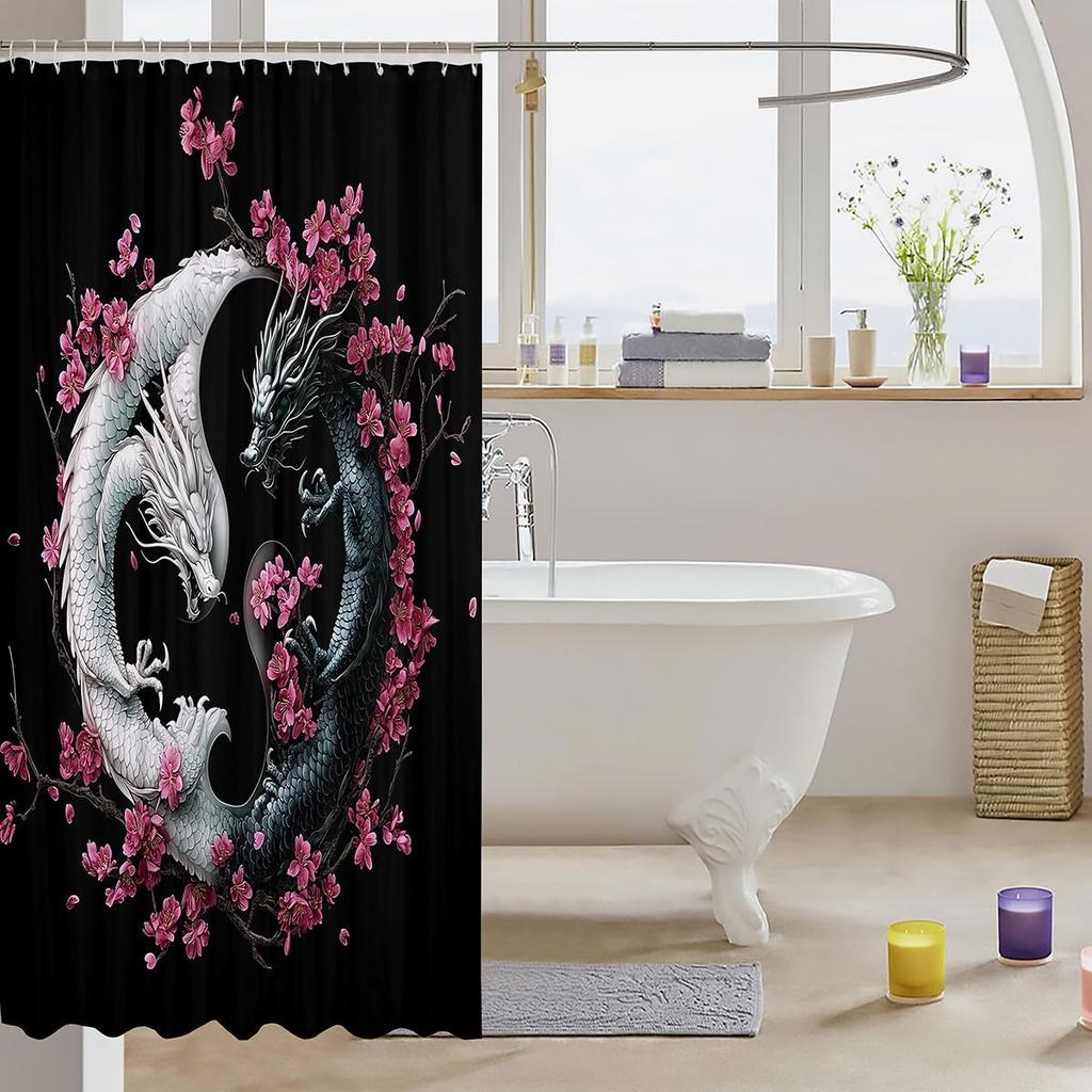 Yin Yang Dragon Bathroom Decor,Pink Cherry Blossom Shower Curtain Set For Boys Girls Kids,Oriental Japanese Style Bathroom Set