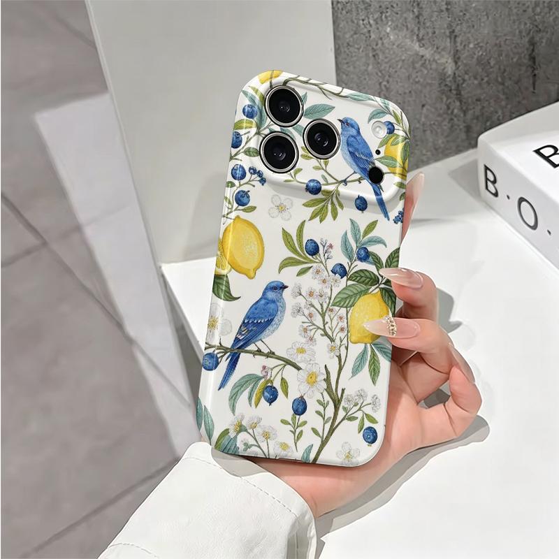 Botanical Blue Bird Lemon Blueberry Floral Art Film Aesthetic Protective Shockproof Bumper Phone Case Cover For iPhone 14 15 16 17 Pro Max Plus