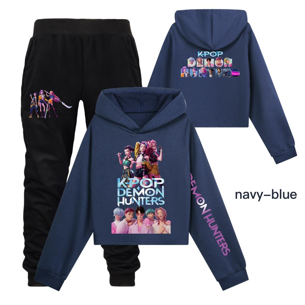 Girls Clothing Sets Kpop Witch Hunt Girls' Half Waist Short Hoodie Single and Double Sleeve Printed Casual Set