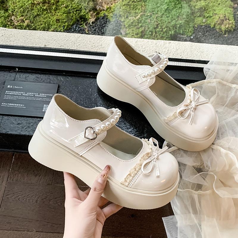 French Xiaoxiangfeng Muffin Mary Jane Single Shoes Women's 2025 Spring and Summer New Platform with Skirt Pearl JK Small Leather Shoes
