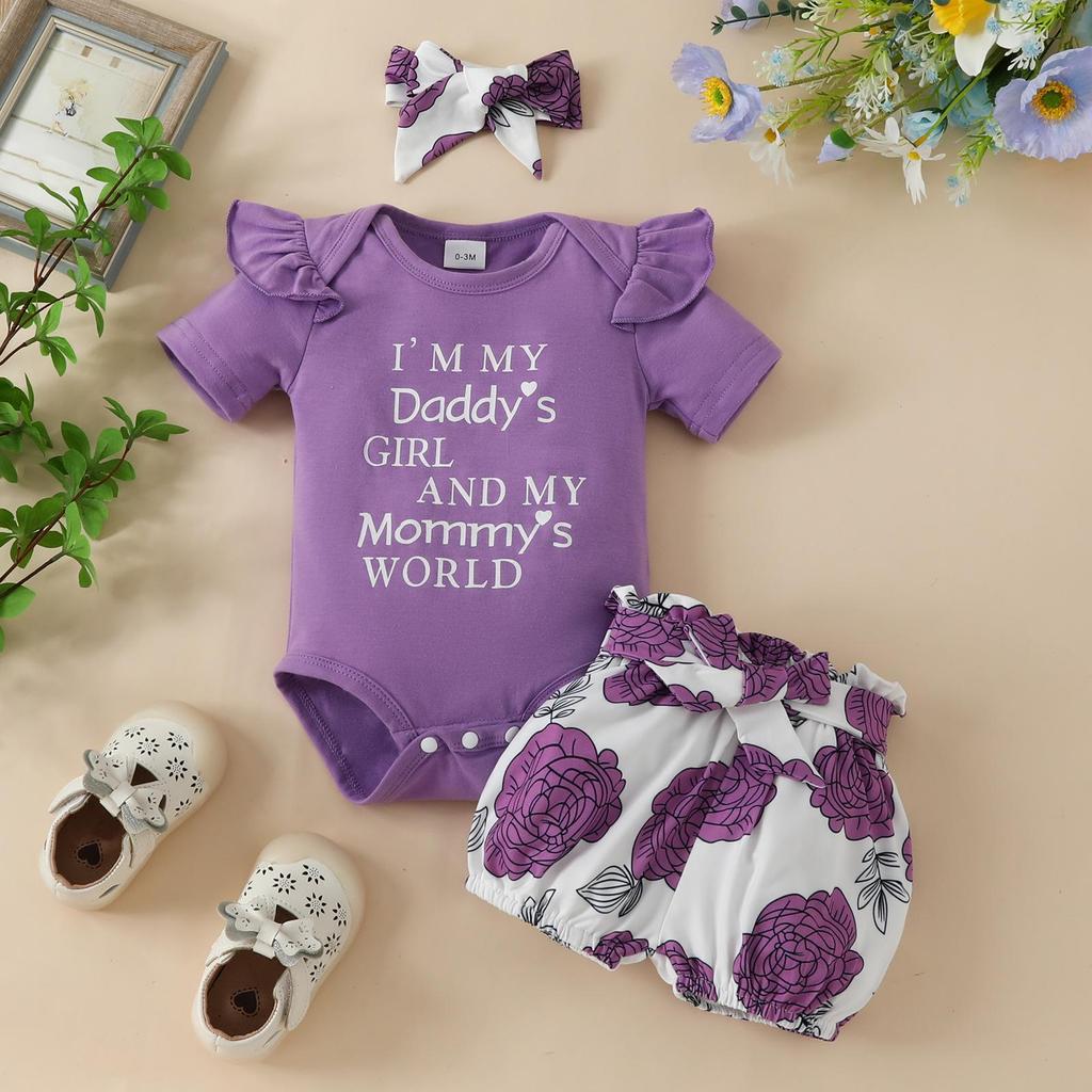 Baby Girl Summer Romper & Shorts Set - "Letter" Top with Belted Flower Pants