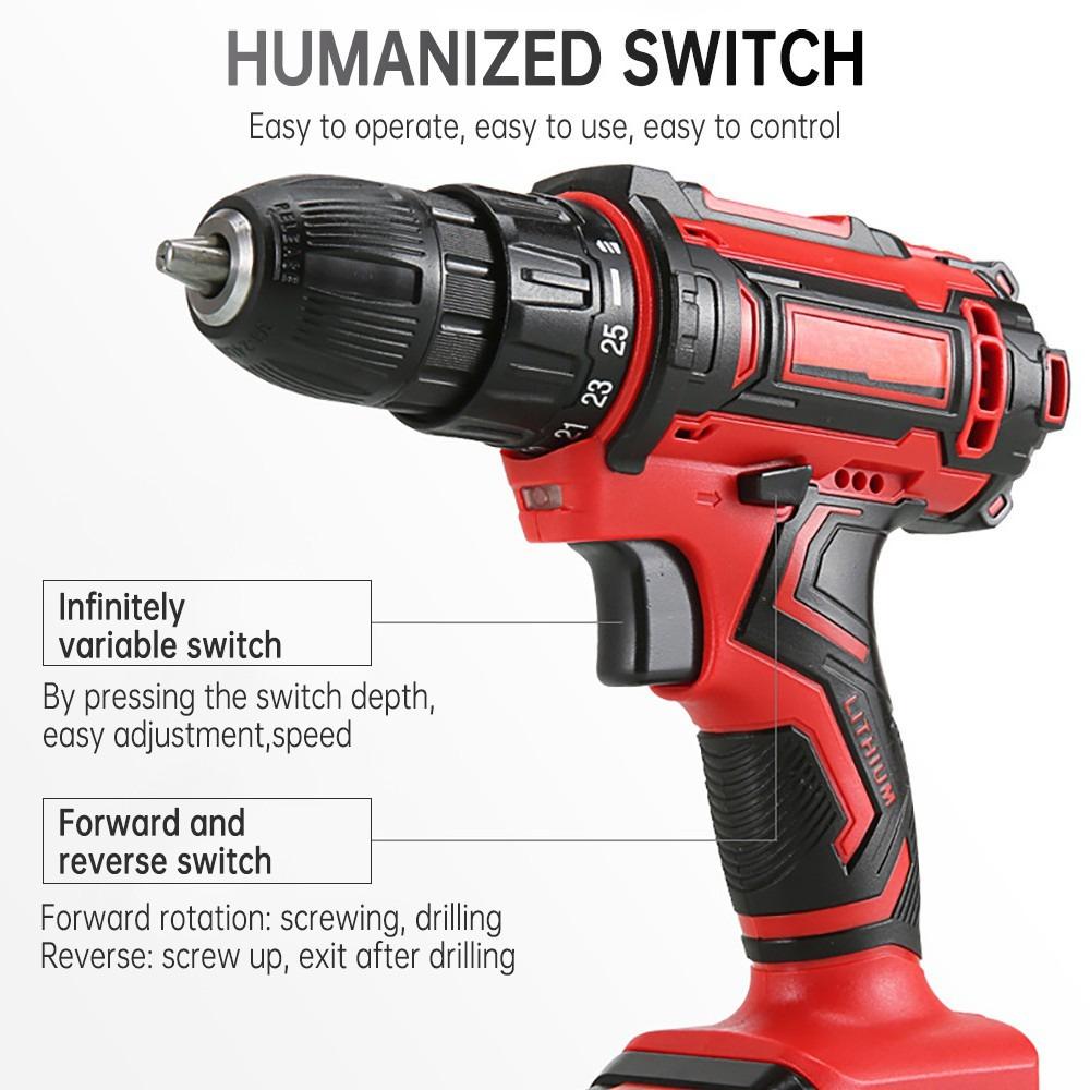 Stufenlose Geschwindigkeitsregelung Schleifen Elektrische Bohrmaschine Handbohrer Bohren von Löchern Schrauben lösen Werkzeug Akku-Schrauber Bohrer