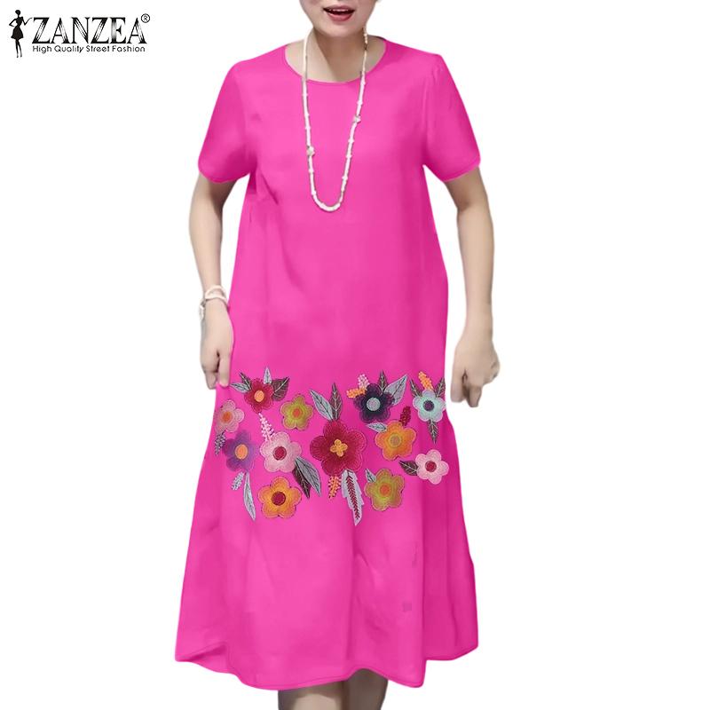 ZANZEA Women Casual Round Neck Short Sleeve Loose Floral Embroidery Dress