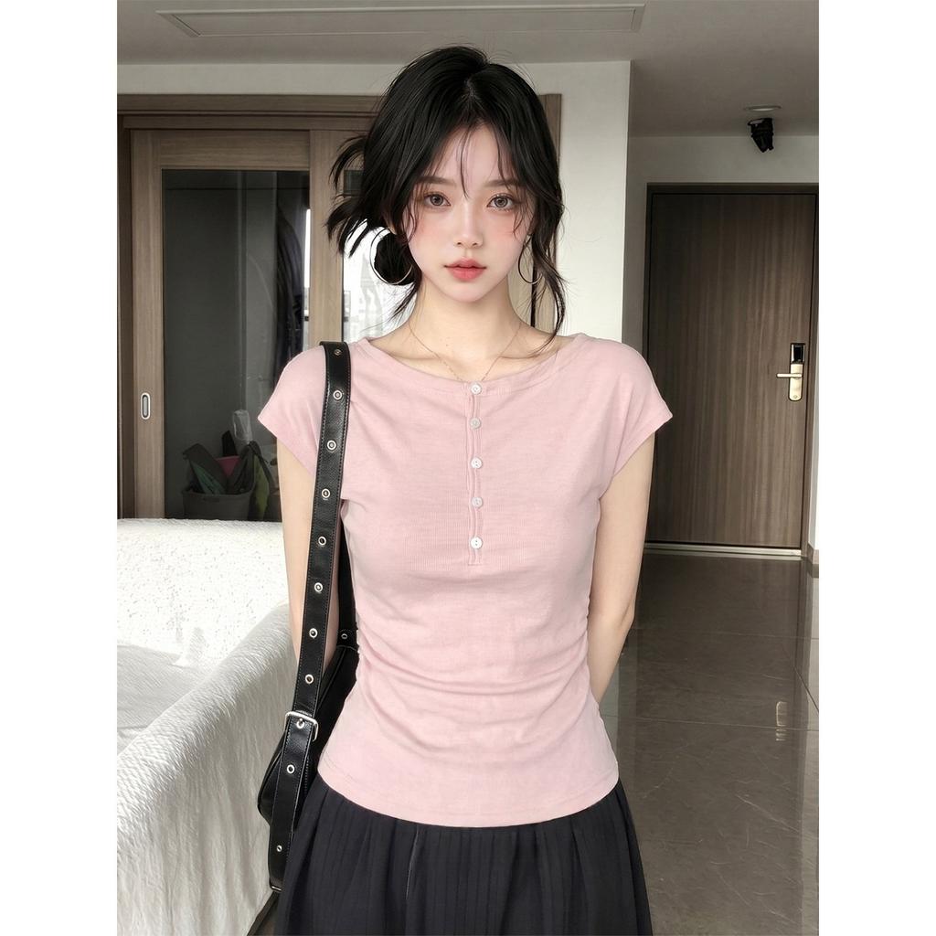 Spice Girl Style One-word Neck Short Sleeve T-Shirt Women's Summer Design Sense Slim Skinny Pleated Waist Pink Versatile Top