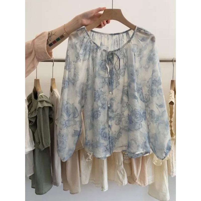 

Summer Women s Floral Print Blouse Casual Loose Long Sleeve Chiffon Shirt with Tie Neck XXL