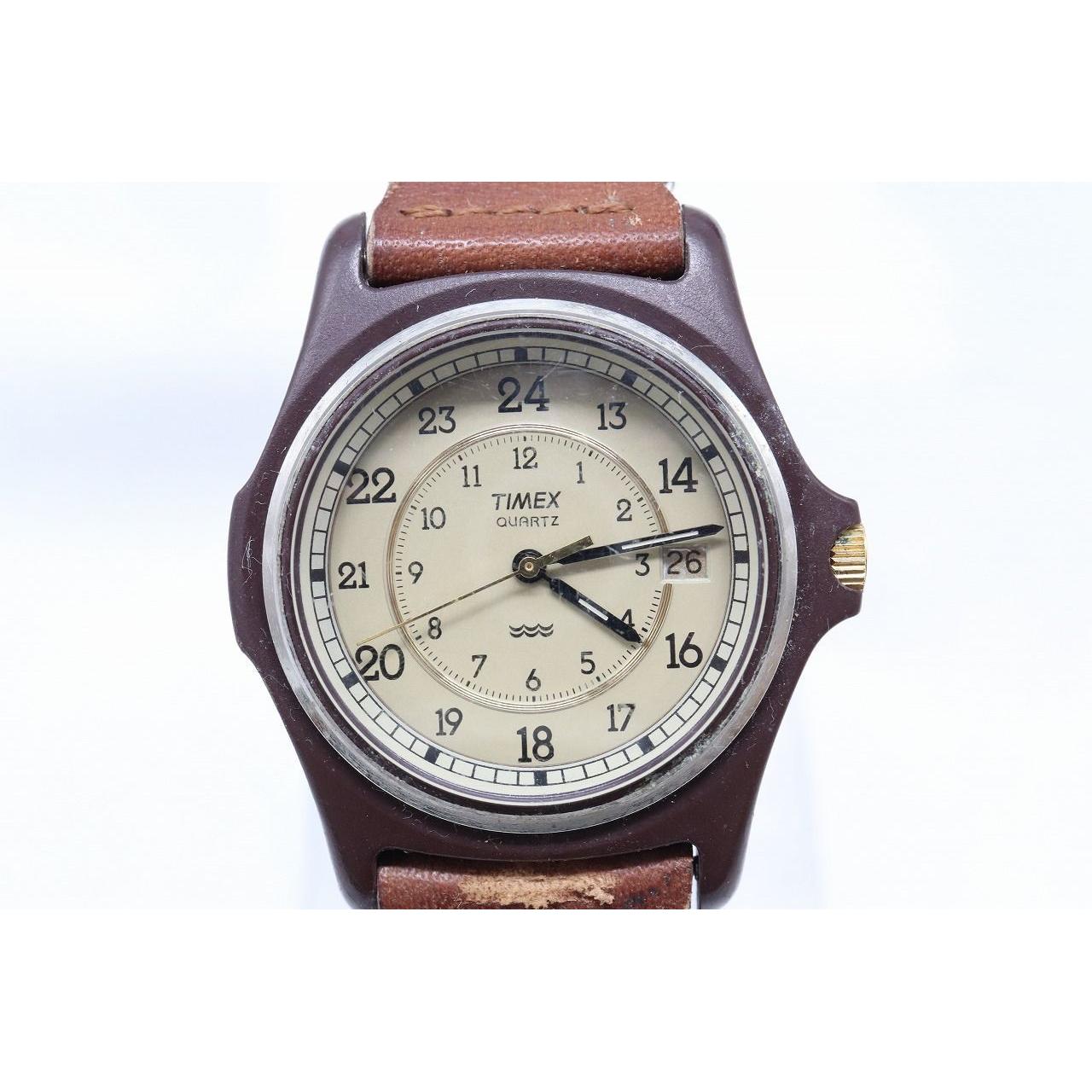 Used [W314-12] Working item Battery replaced TIMEX Date wristwatch leather belt men s
