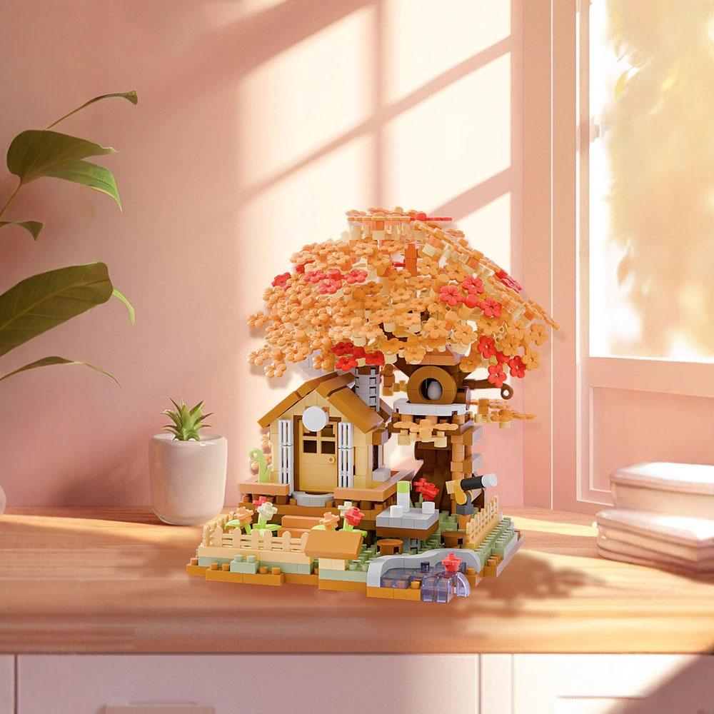 Idea Construction Building Brick Cherry Blossom Tree House Micro Diamond Block Village Cabin Treehouse Toys Nanobrick For Gift