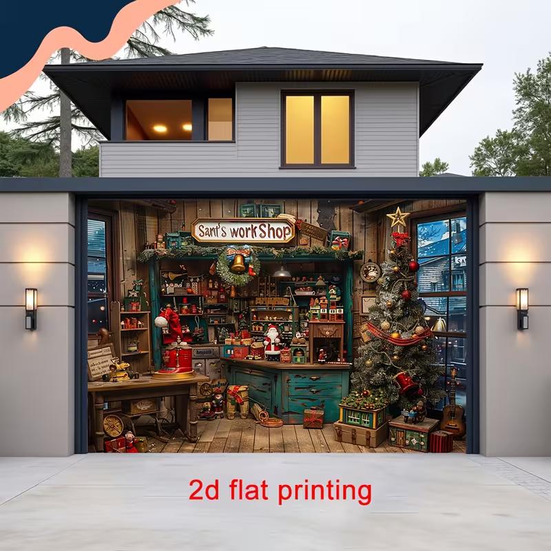 2D Kids Christmas Party Backdrop Cloth Santa's Workshop Themed Wall Hanging
