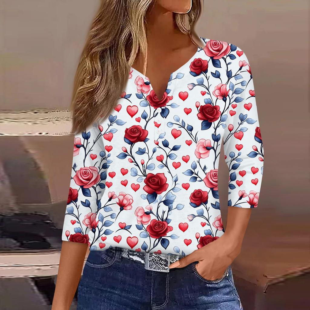 Women's Valentine's Day Printed V-Neck Casual Versatile Three-quarter Sleeve Button Top