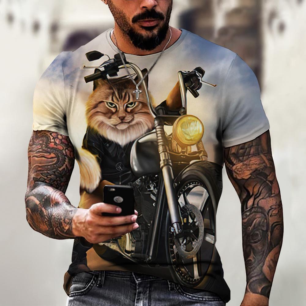 Handsome Motorcycle Cat 3D Print Summer Men's Round Neck T-shirt Casual Short Sleeve Oversized Pullover Fashion Trend Men Clothing