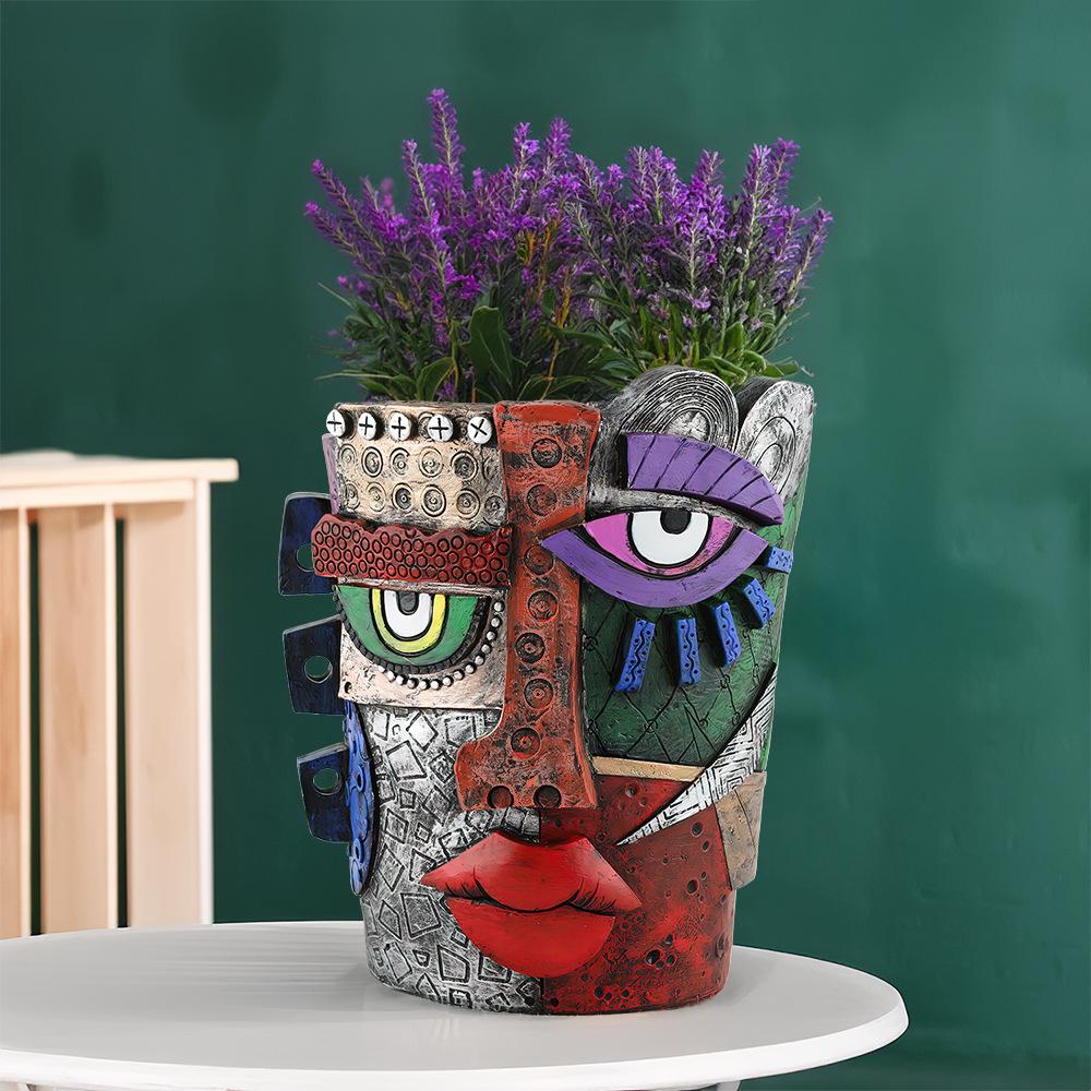 Resin Abstract Art Painted Flower Pot Colorful Figures Facial Sculptures Human Face Flower Pots Maya Statue Home Decoration