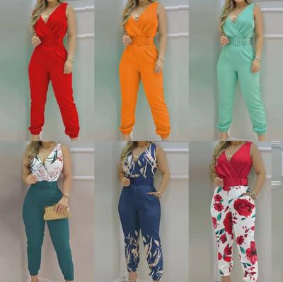 2022 Frühjahr/Sommer Europäischer und Amerikanischer V-Ausschnitt Rückenfreier Bedruckter Damen-Overall mit hoher Taille (Mit Gürtel)