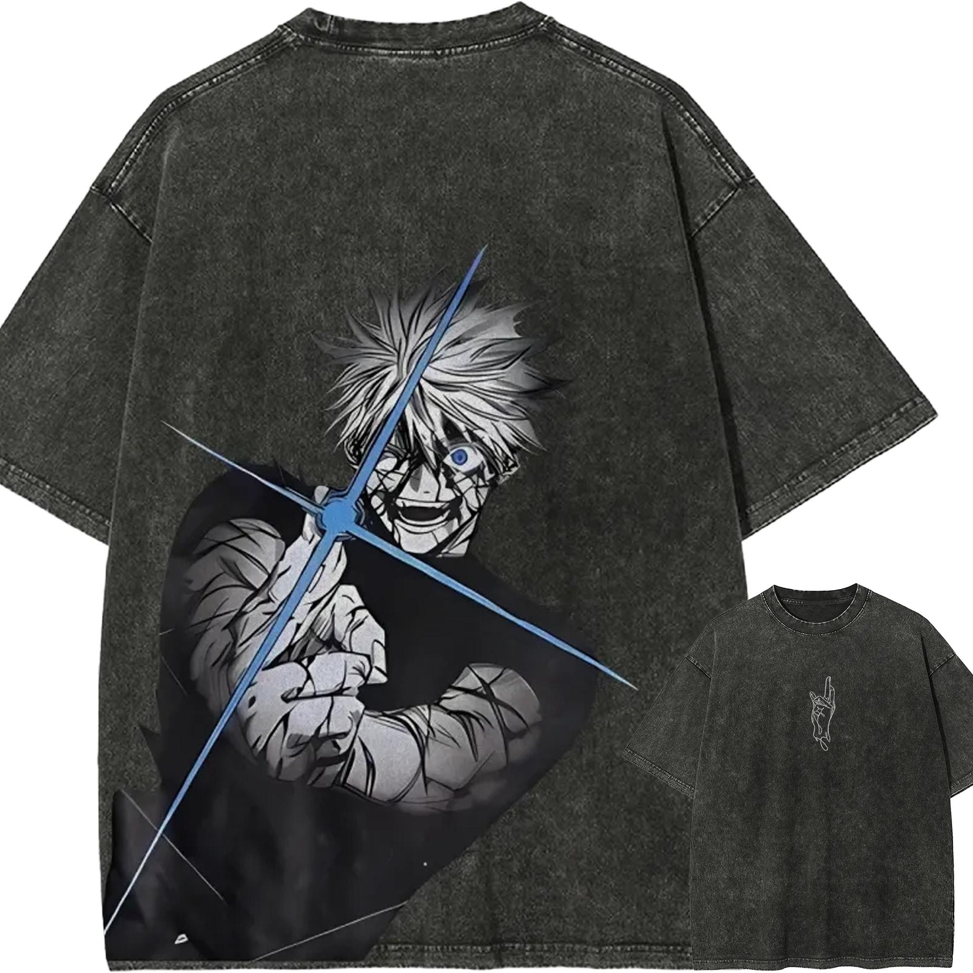 Gojo Satoru T Shirt Jujutsu Kaisen Men Acid Wash Six Eyes Anime Streetwear Battle Damaged Crazy Smile Blue Graphic Tee M