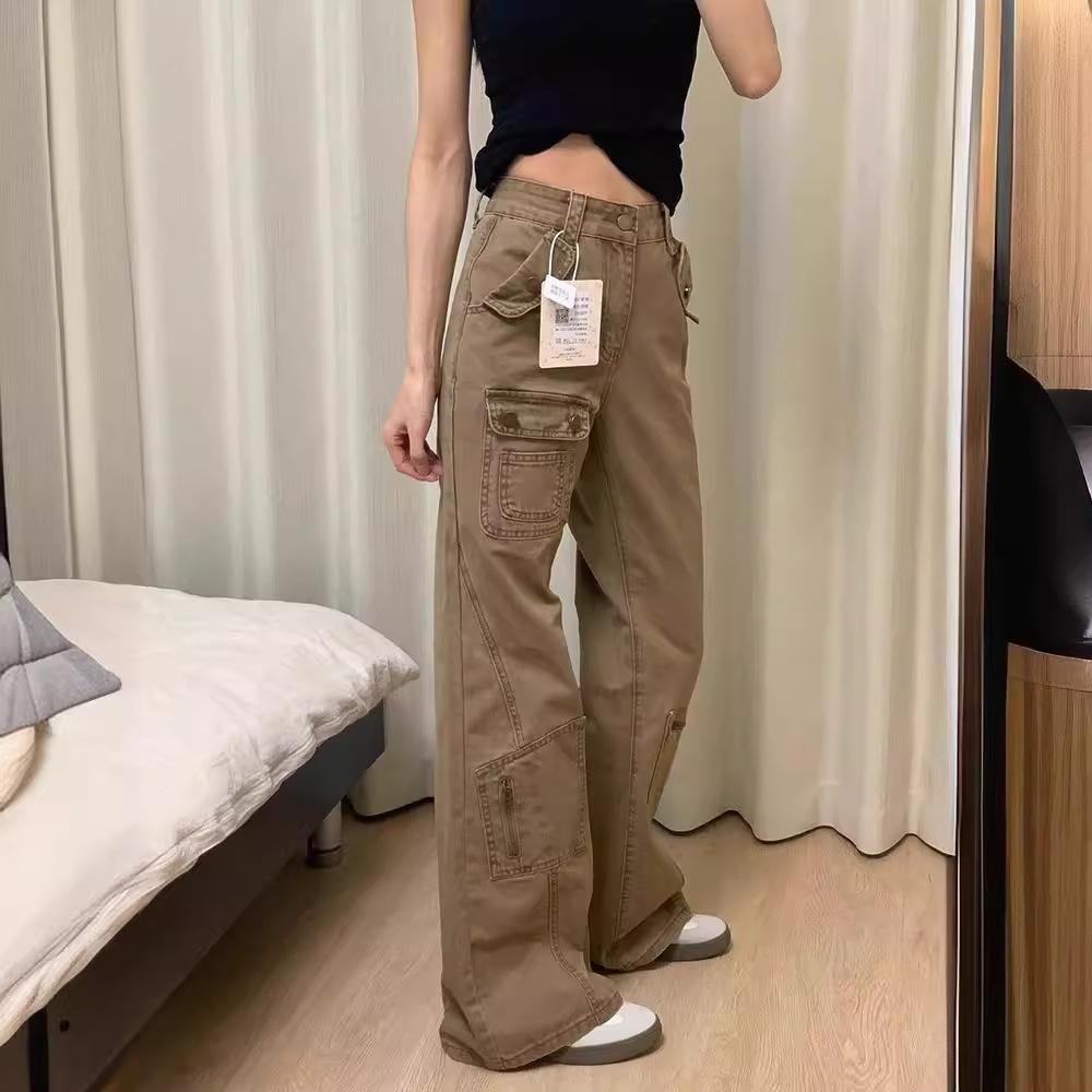 

Американские винтажные рабочие брюки женские весна лето новый дизайн свободные прямые укороченные брюки клеш 3XL хаки