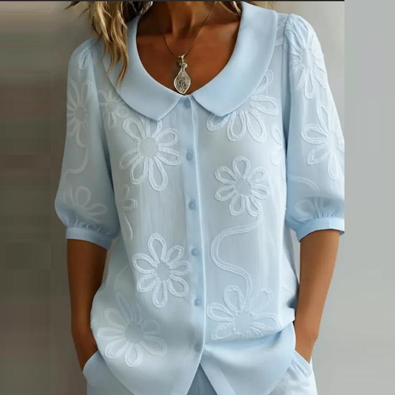 

Elegant Flower Printed Shirts For Women Turn Down Collar Half Sleeve Blouses Women Summer Shirts Office Lady Tops 2XL