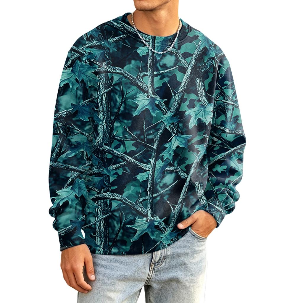 Men's Casual Long Sleeve Camouflage Print Round Neck T-Shirt Loose Fit for Everyday Wear