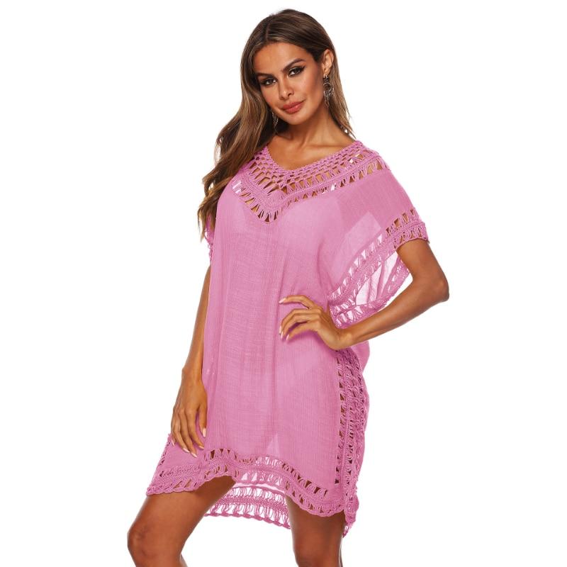 Casual sólido com decote em v vestido geral feminino verão oco solto praia sexy vestido de cobertura mulher vestidos de manga curta 27779