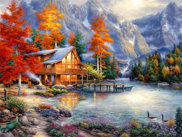 5D DIY Diamantmalerei Haus Landschaft Voll Platz Rund Stickerei Mosaik Baum Szenerie Heimdekoration