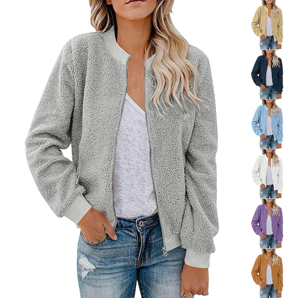 Women's Fashionable Warm Shearling Jacket With Zip-Up Solid Colour Outerwear