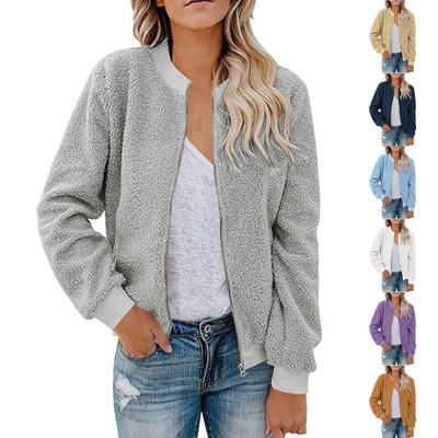Dámská módní teplá bunda ze střižní ovčí kůže se zapínáním na zip, jednobarevný svrchní oděv