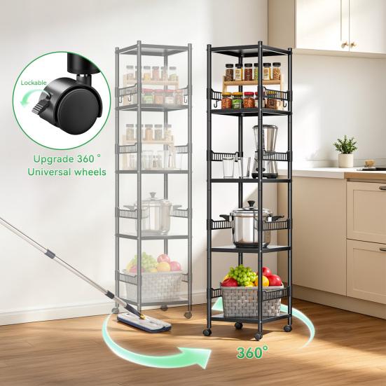 Thickened Carbon Steel Storage Rack 5-Tier Adjustable Metal Shelf with Locking Wheels, 440 lbs Capacity, Heavy Duty Layer Height Triangle Support,