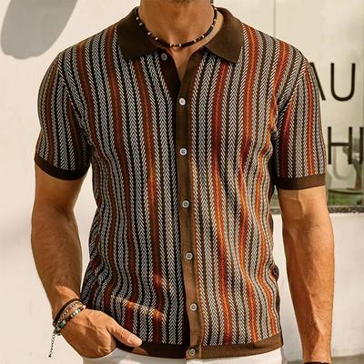 Fashion Short Sleeve Button-down Cardigan Summer Men's Knitted Jacquard Business Polo Shirt Vintage Leisure Top