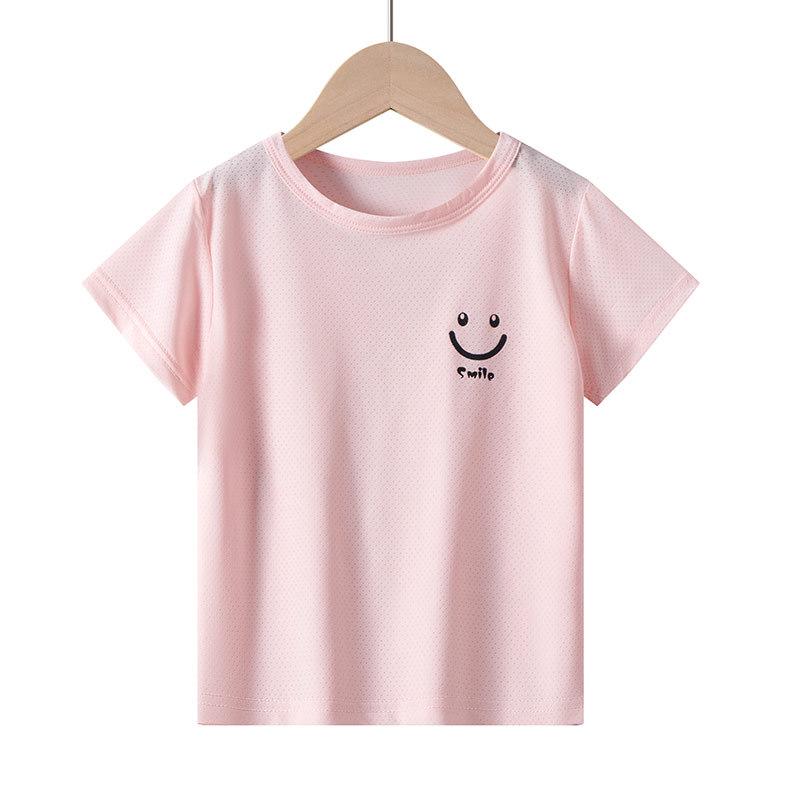 Children's Short Sleeve Ice Silk T-shirt with Smiley Face Design - Breathable Mesh for Boys & Girls, Perfect Summer Base Layer