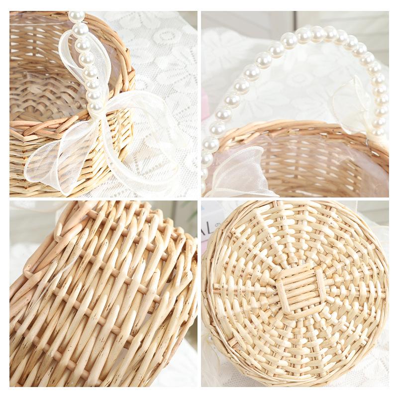 Handmade Storage Rack Woven Flower Baskets Rattan Storage Basket Flower Girl with Pearl Hand Basket for Home Wedding Decoration