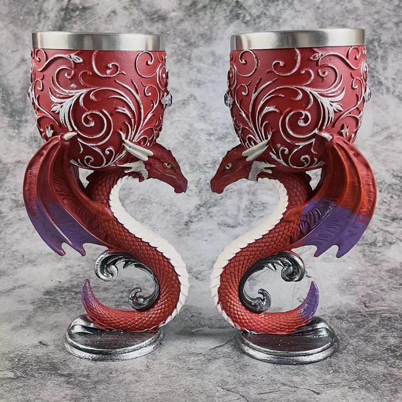 Calice da Vino in Acciaio Inossidabile Graal del Drago Scultura Tridimensionale Creativa 3D Coppa Medievale Retrò per Coppia Coppa da Vino Rosso in Resina