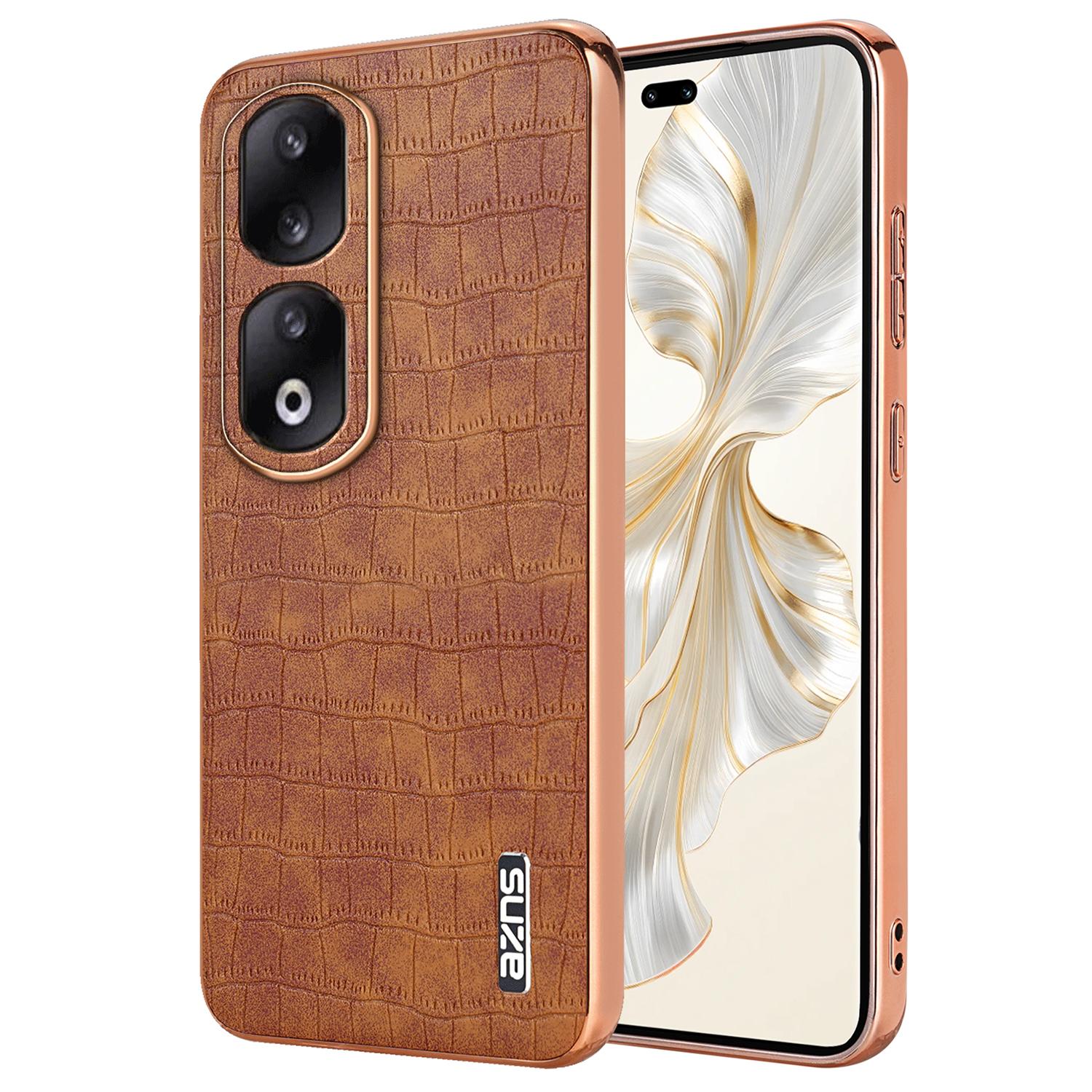 

For Honor 90 Pro Case PU Leather+TPU Electroplating Phone Cover Brown