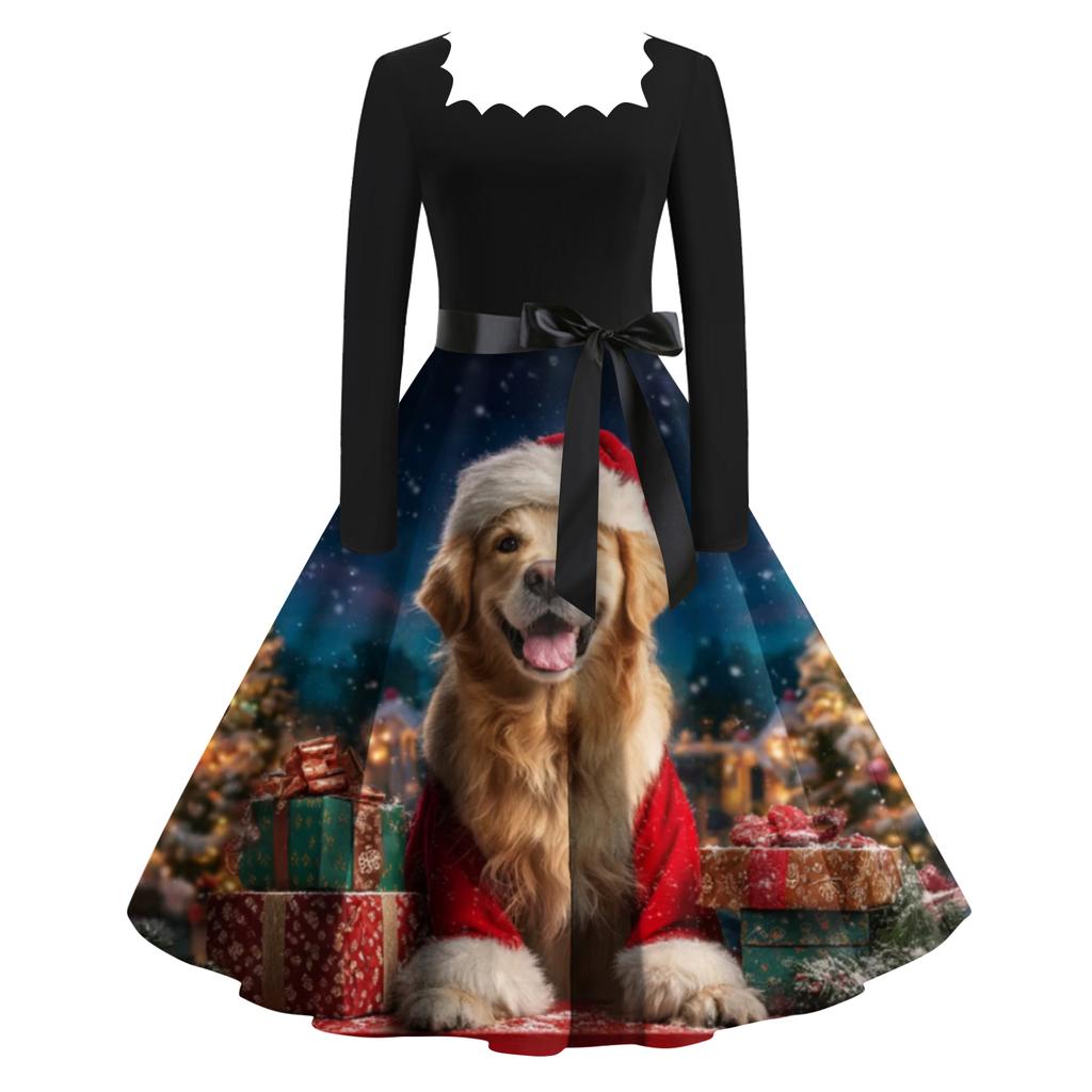 Women's Fashion Retro Long-sleeved Square Collar Christmas Printed Evening Dress
