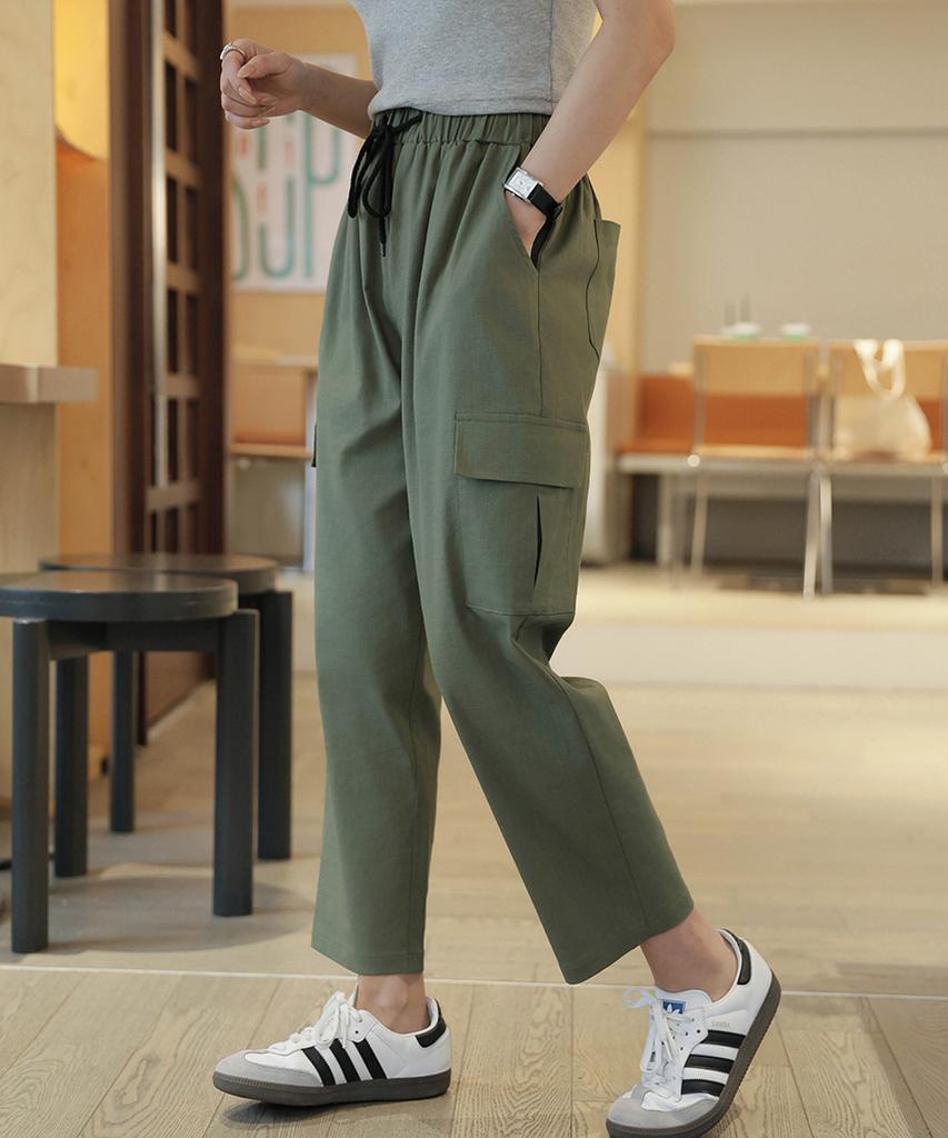 Ppaeppae Elastic Cargo Flap Pocket Spandex Crooked Wide Pants
