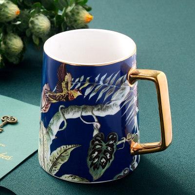 480ml Ceramic Coffee Mug With Luxury Gold Handle Pastoral Style Gold Flower Bird Magpie Birthday Gift Mugs