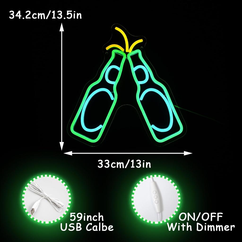 Alkkign Beer Neon Light Up Bar Green Cheers Neon USB Powered Neon Bar Sign for Wall Bar Sign for Home Izakaya Man Cave Party Sign, Sign, Sign, Decor,