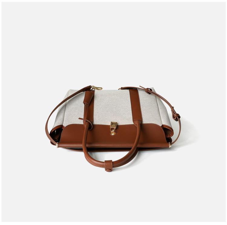 Large capacity commuter bag, premium sense, portable shoulder messenger bag, canvas with cowhide lock, tote bag, briefcase, women