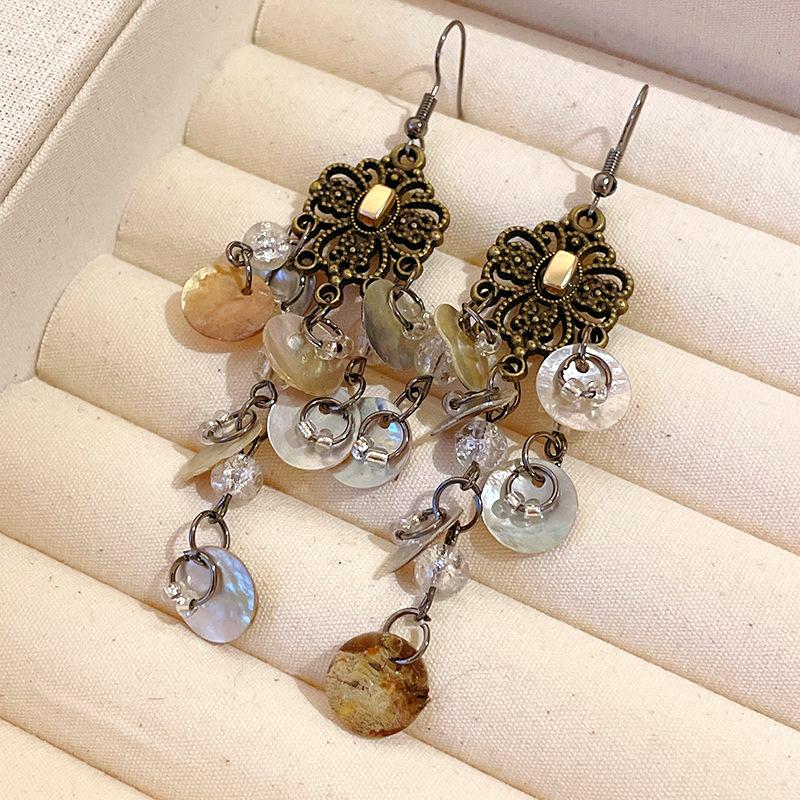 Bohemian water droplets crystal rice beads fringed ear hooks retro ethnic style earrings fashion vacation style earrings