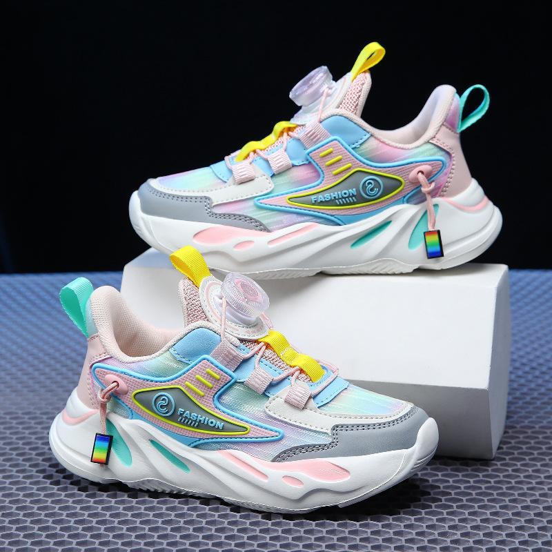 Classmates, girls' sports shoes, rotating buckle mesh surface, breathable leather surface, waterproof, non-slip and wear-resistant student running