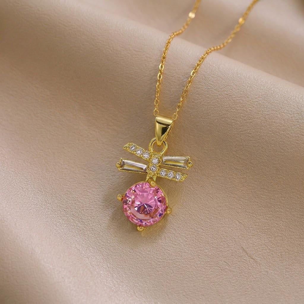Necklace: Women's Pink Cubic Zirconia Bow Clavicle Chain, Korean-Japanese Style, Simple & Elegant.