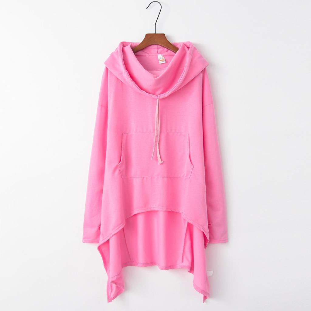 Spring Autumn Solid Color Hooded Irregular Loose Pocket Hoodie