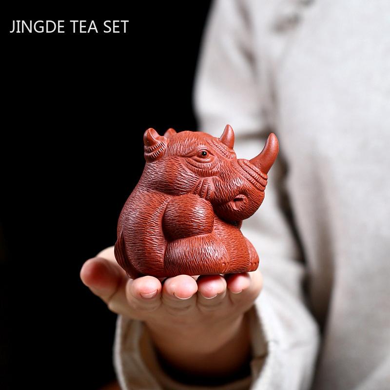 1PCS Boutique Rhino Sculpture Purple Clay Tea Pet Chinese Handmade Animal Statue Ornaments Crafts Tea Set Decoration Accessories