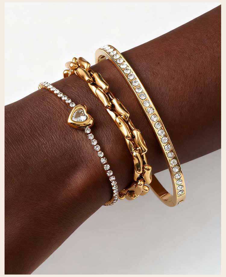 Damen Armbänder Vergoldet, Stapelbare Gliederarmbänder mit Herz, Zirkonia Armreif, Öffnungsfähig, Weihnachtsfeier Geschenk
