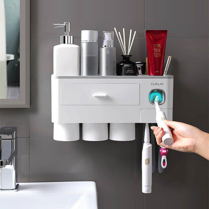 Bathroom Accessories Organizer Set Toothbrush Holder Automatic Toothpaste Dispenser Holder Toothbrush Wall Mount Rack Tools Set with Cup