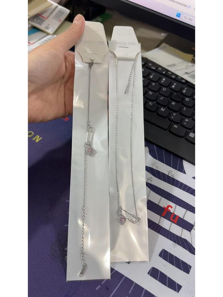 Women's Zircon Safety Pin Heart Pendant Necklace - Luxury Titanium Steel Chain