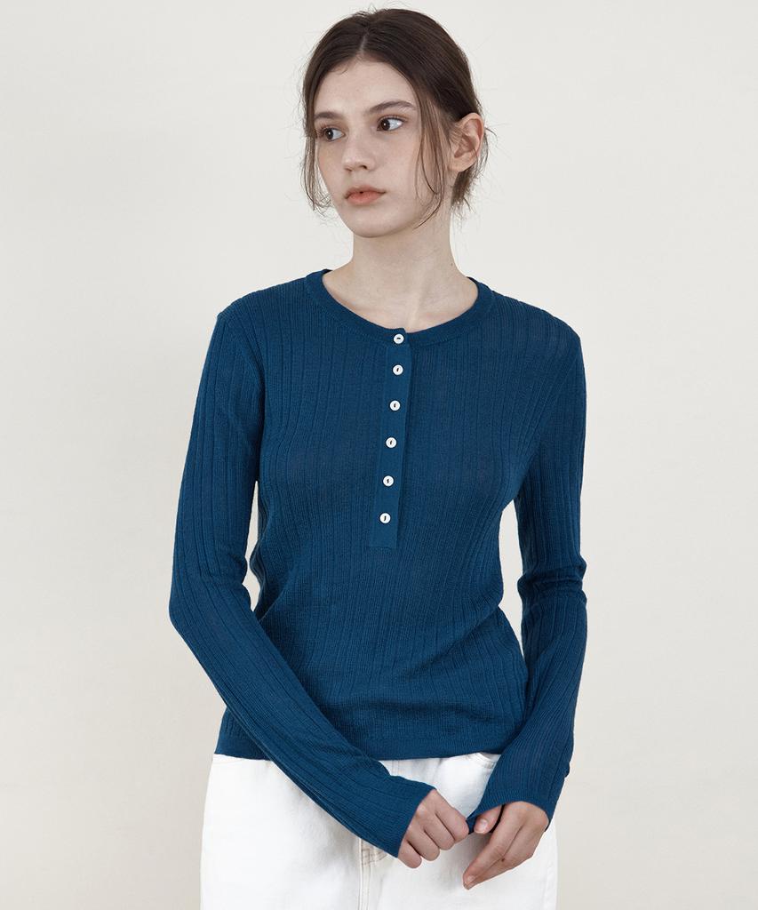 WEDNESDAYOASISFORWOMEN Vero Ribbed Henley Neck Knit_Blue(Wcb6Kn115)