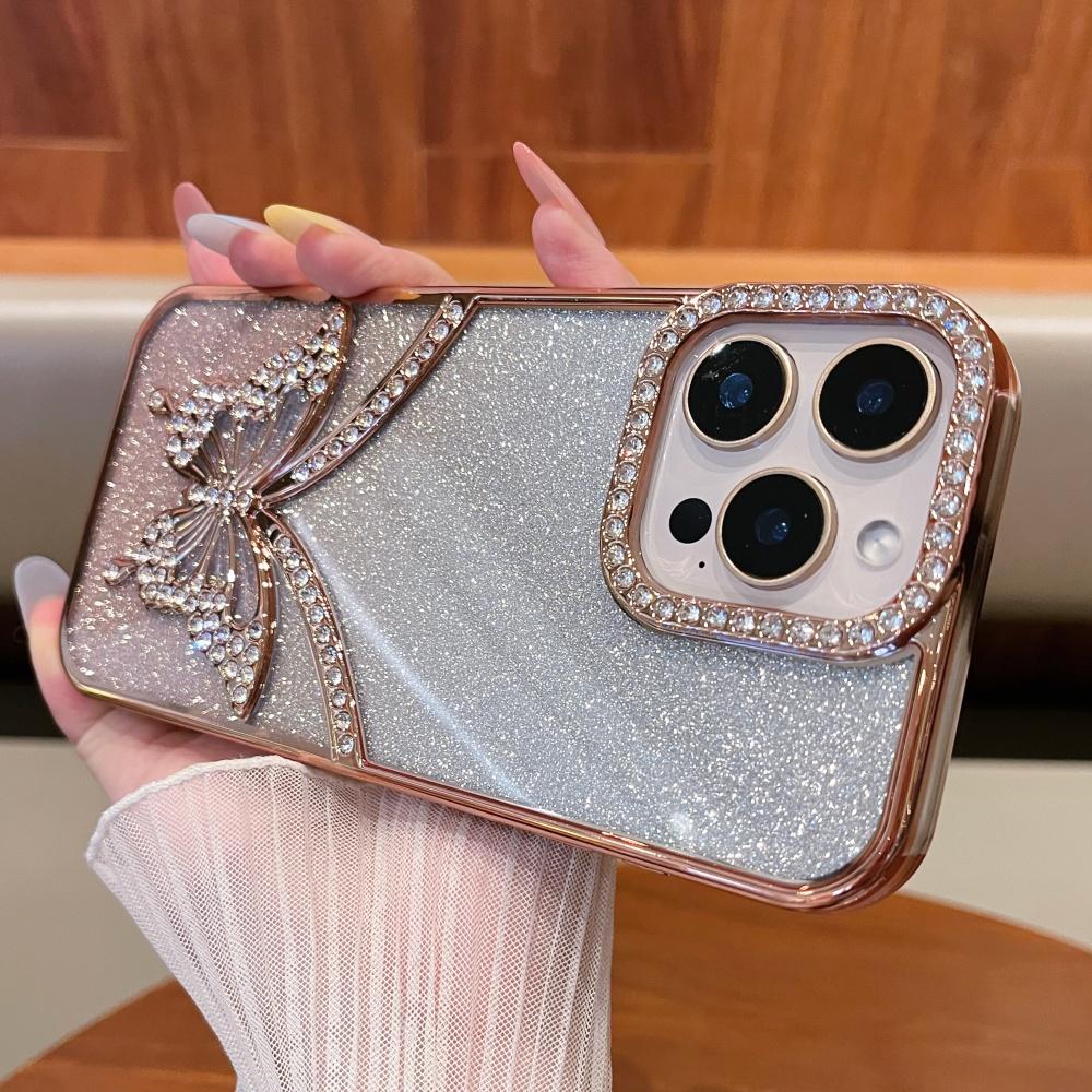 For iPhone 16 Pro Max Rhinestone Butterfly Cover For iPhone 11 12 13 14 15 Plus Gradient Color Flash Electroplated Luxury Shell