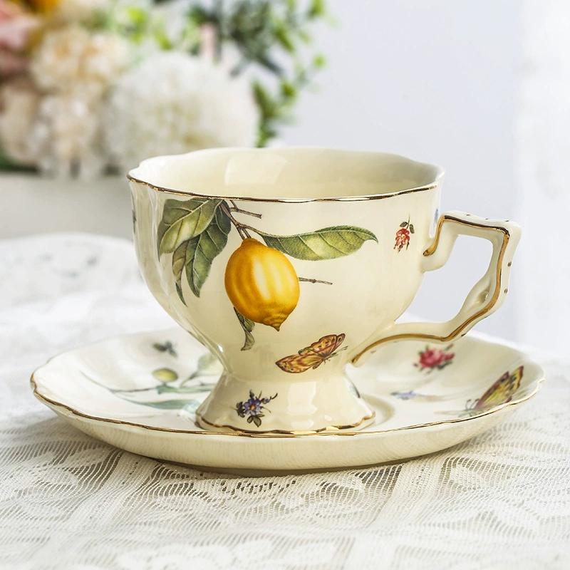 European Style Ceramic Mug Coffee Cup and Saucers Set Lemon Pattern Retro Afternoon Tea Cup Dessert Plate Teapot Home Kettle