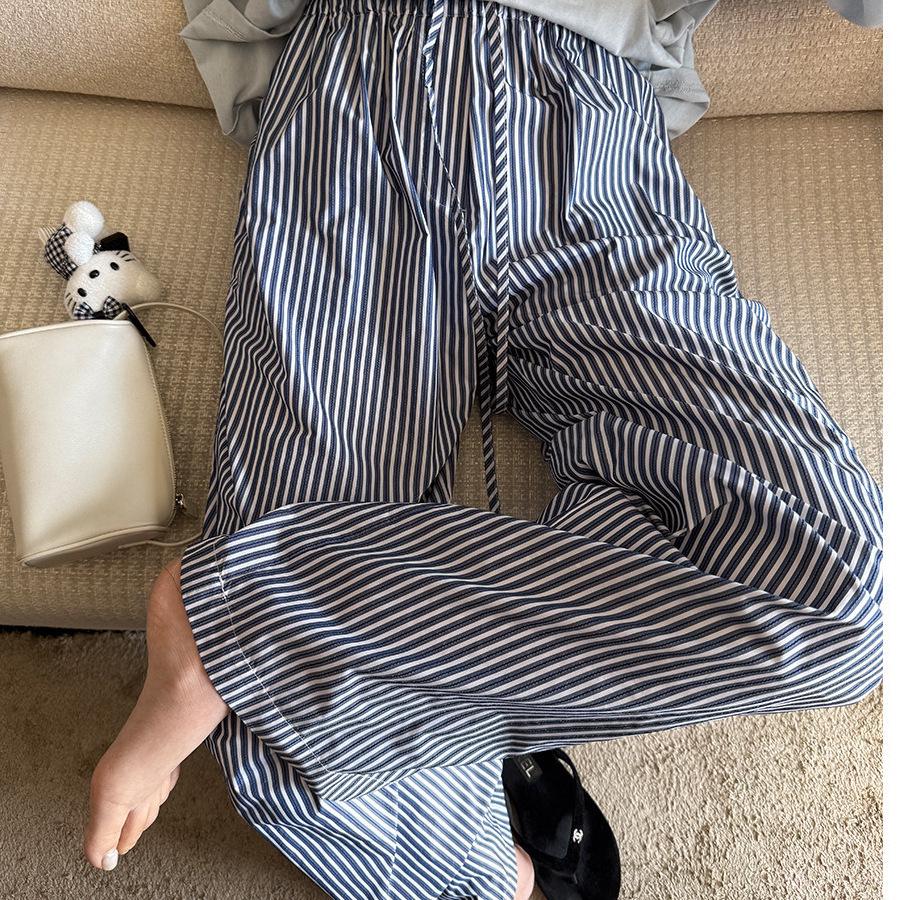 Superniniyy Spring 2026 Stylish Blue Striped Wide-Leg Pants Small