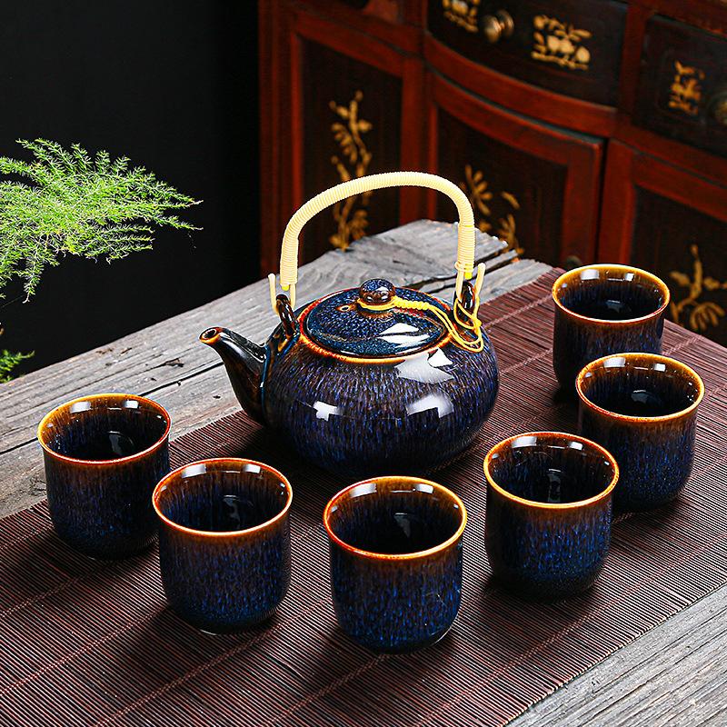 Creative Kiln Transformed Lifting Beam Teapot Tea Set Kiln Transformed Brushed Glaze Kung Fu Tea Set Large Teapot Large Cup