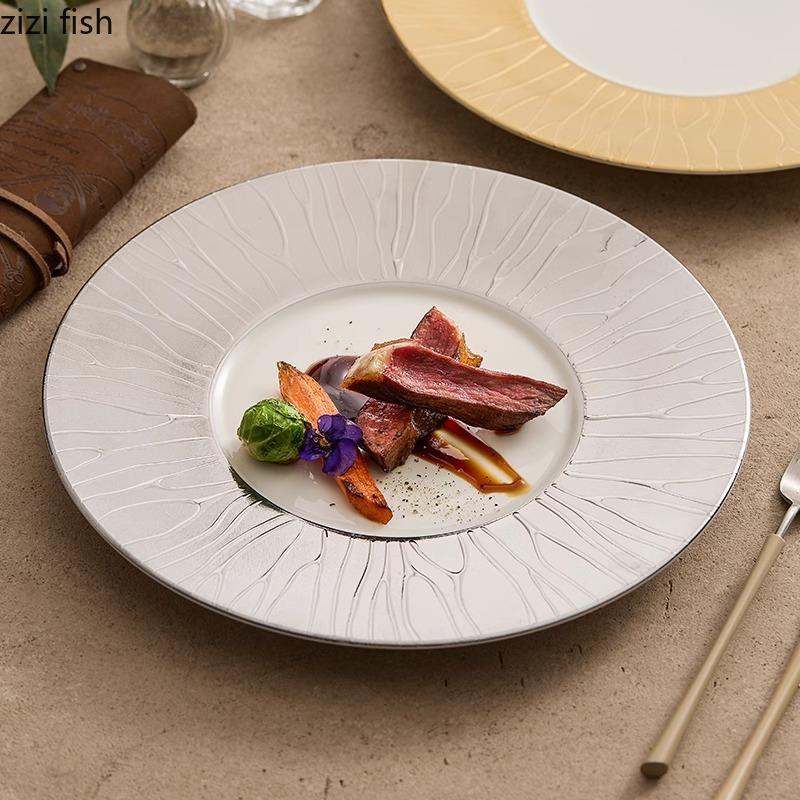 Golden Edged Tree Patterned Ceramic Dining Plate Steak Plate Salad Plate Dessert Plates Hotel Molecular Cuisine Tableware