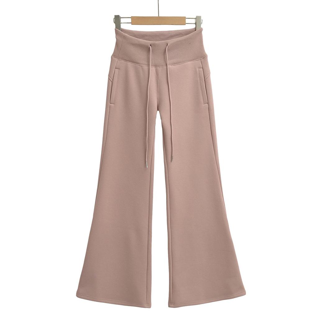 Women's Cotton Flannel Flare Sweatpants - Thickened, Floor-Length, Mid-Low Elastic Waist, Versatile for Autumn and Winter